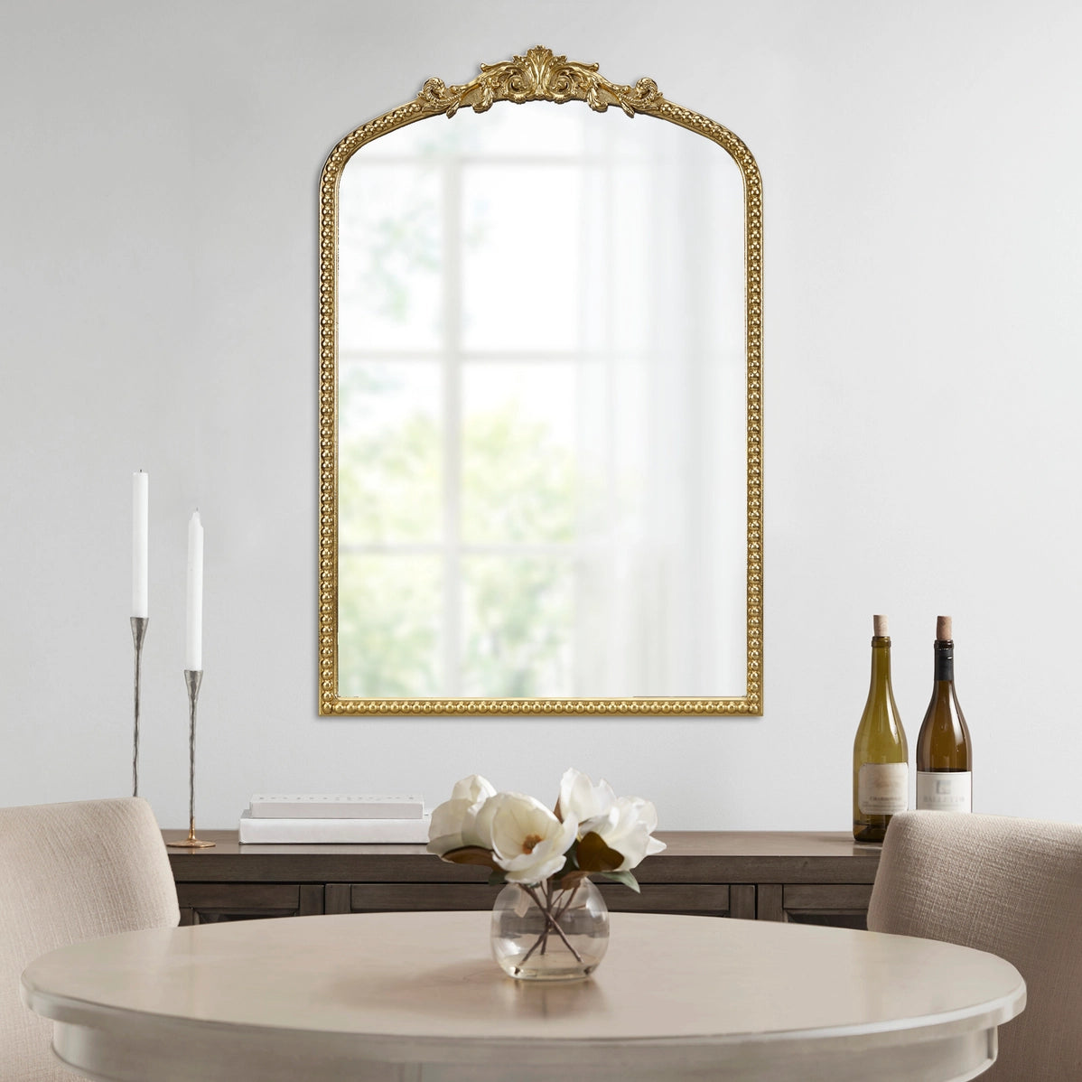 Transitional Beaded Gold Arch Wall Mirror