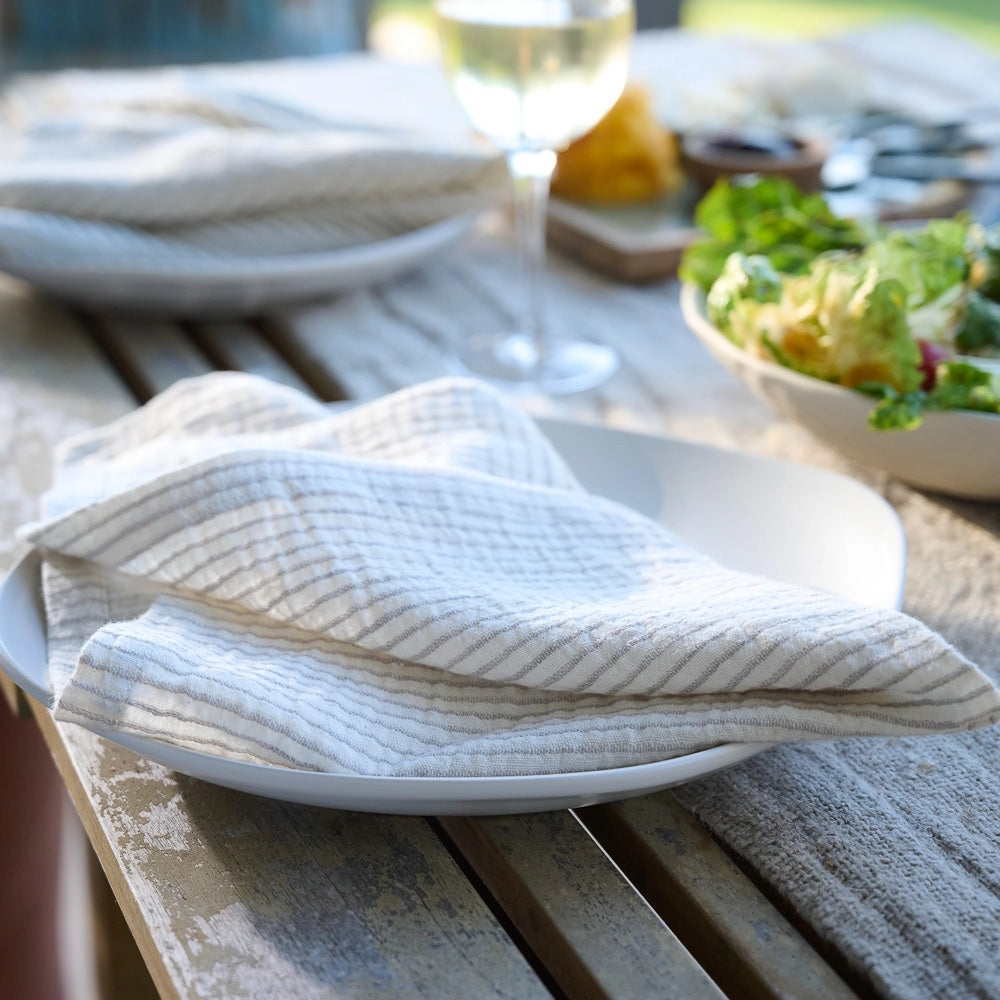 Off-White Marina Napkin Set with Silver Pinstripe Accent