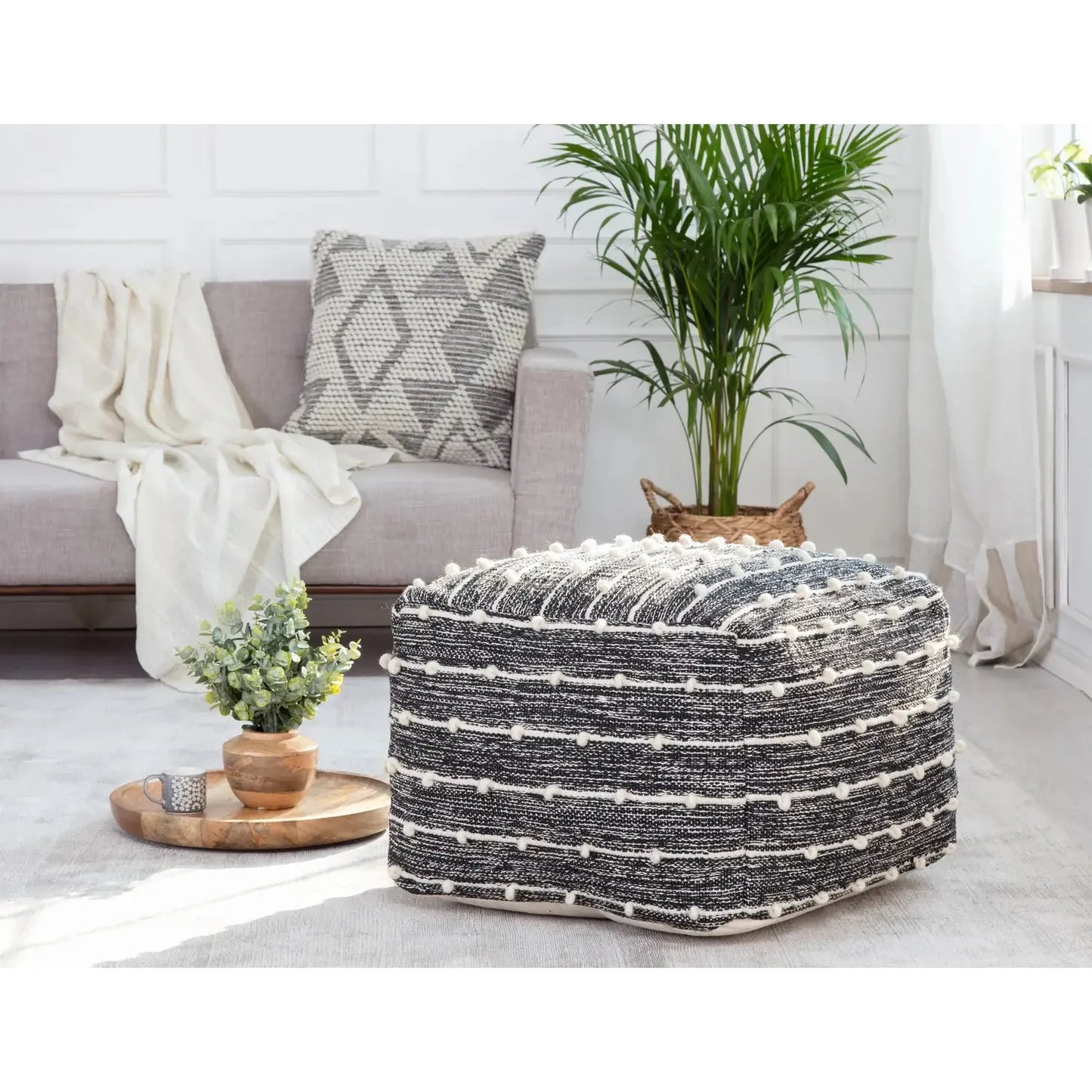 Grey & White Pebble Beaded Pouf