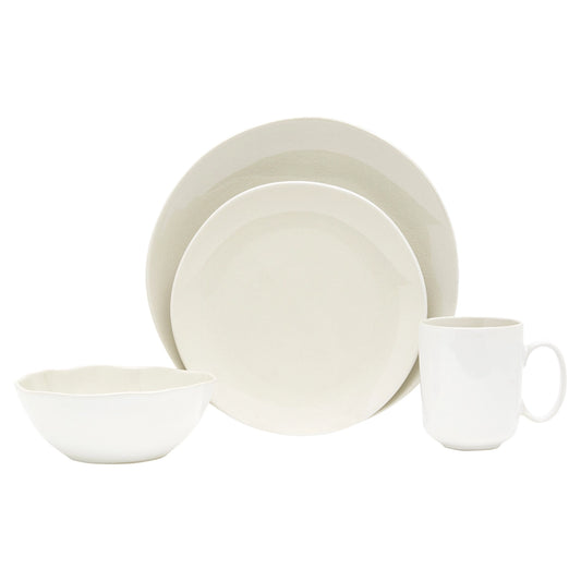 Natural and White Round Ceramic Dinnerware Set - Sixteen Pieces