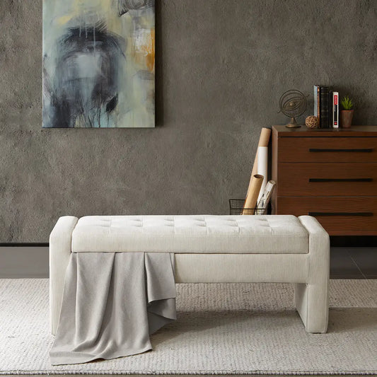 Ivory Button Tufted Cushion Bench