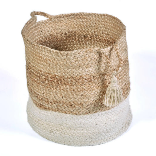 White & Tan Jute Decorative Basket